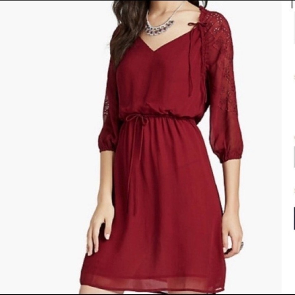 Lucky Brand Womens V Neck Mini Dress Size S Red 3/4 Lace‎ Sleeve Peasant Country